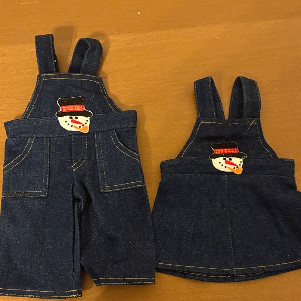 Doll clothes - Denim Overalls and dress with Snowman Patch fits 15" dolls